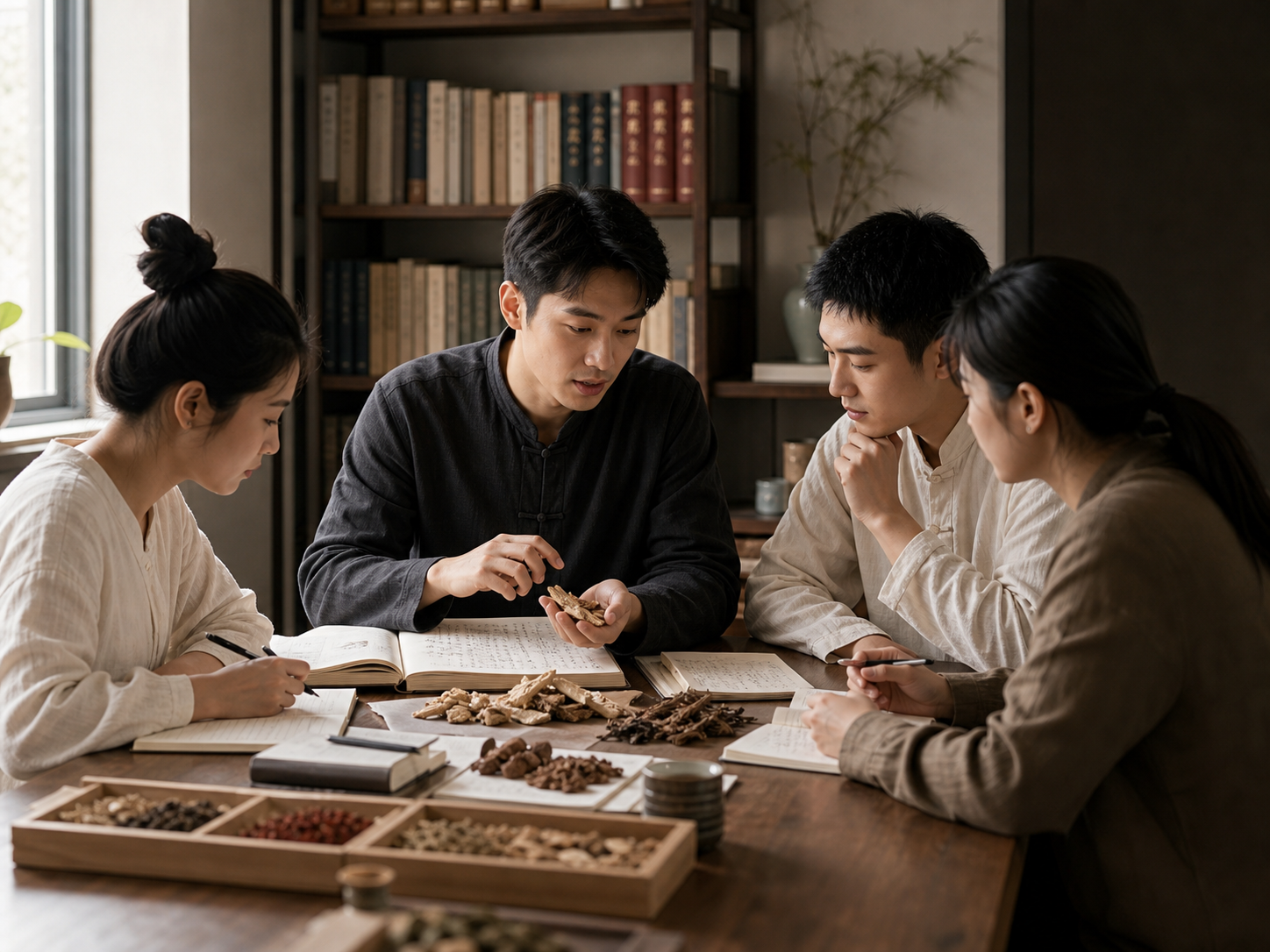 年轻教师与学员围桌辨识中药并讨论学习笔记